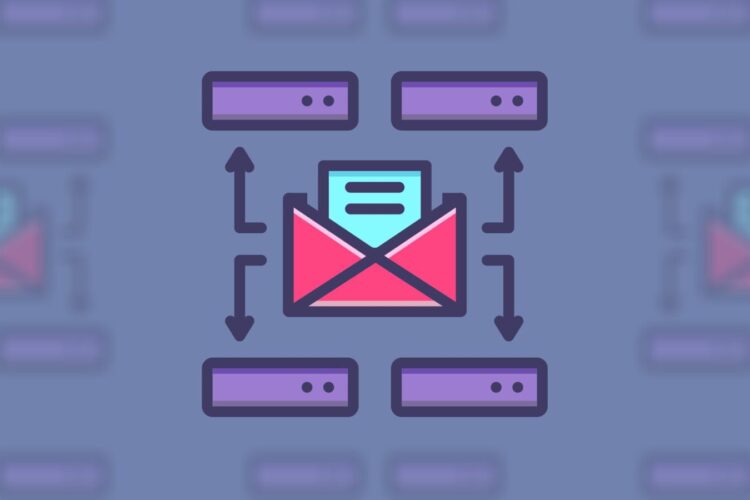 Illustration of an envelope with a document inside, surrounded by four server icons connected by arrows, representing email distribution or network communication.