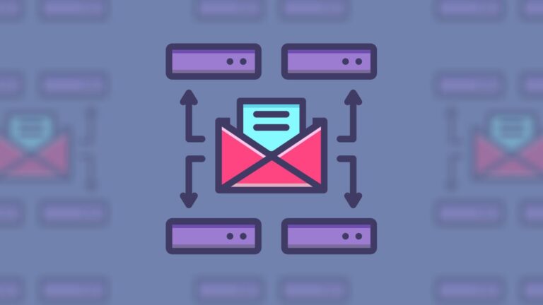 Illustration of an envelope with a document inside, surrounded by four server icons connected by arrows, representing email distribution or network communication.