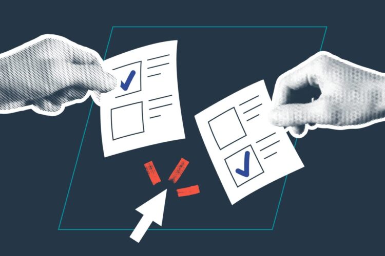 Two illustrated hands hold marked checklists, each with a blue checkmark, over a dark background with a large cursor pointing upward.