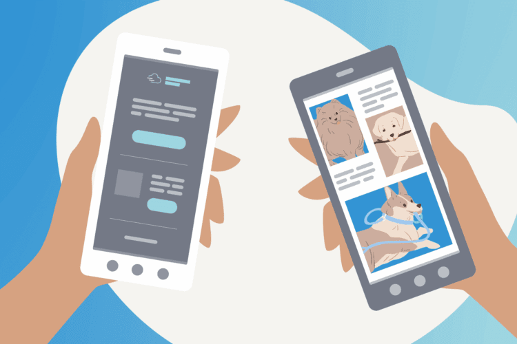Illustration of two hands holding smartphones; one phone displays a messaging app, the other shows photos of various dogs.