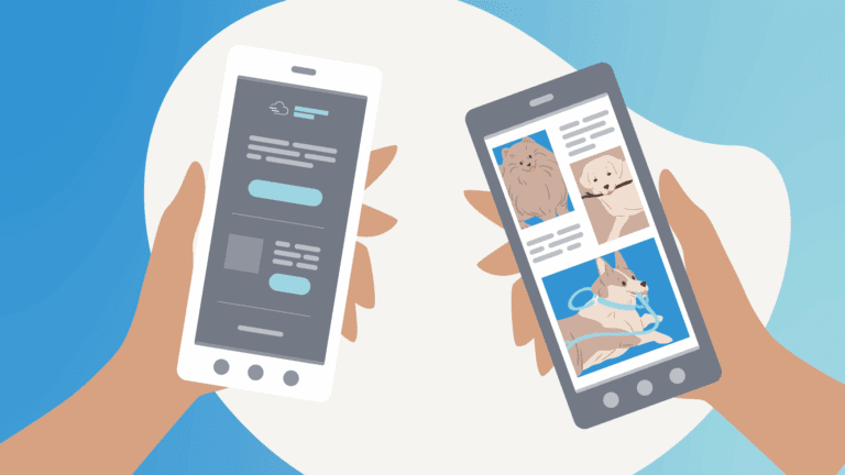 Illustration of two hands holding smartphones; one phone displays a messaging app, the other shows photos of various dogs.