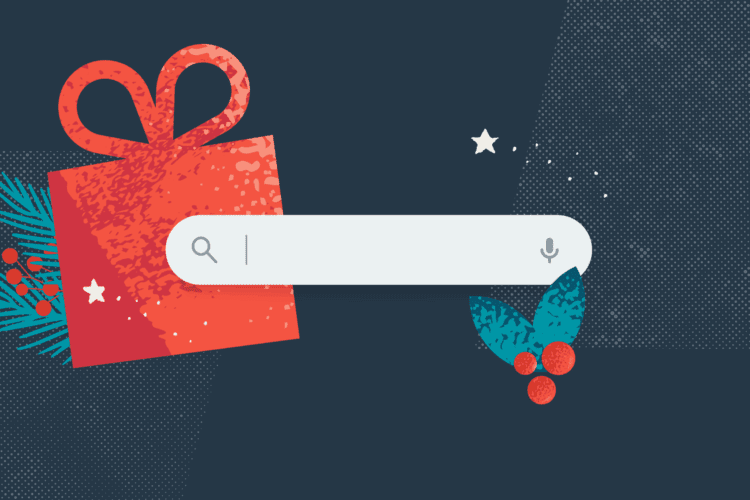 A search bar is centered on a dark background with a red gift box, green pine branches, and holly next to it, suggesting a holiday or festive theme.