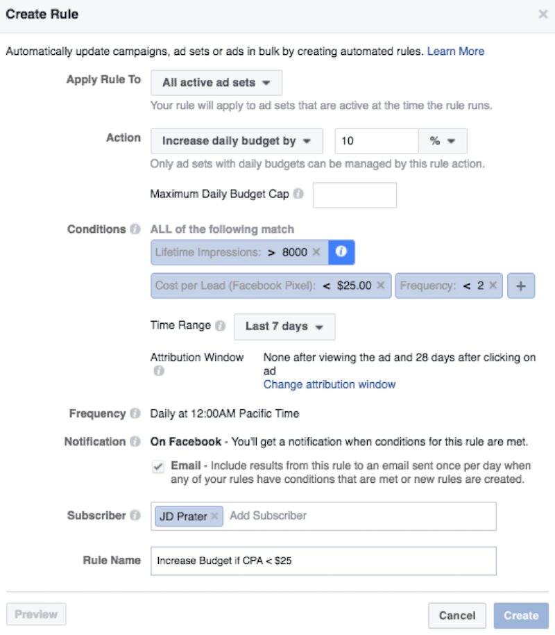 FACEBOOK automated rules