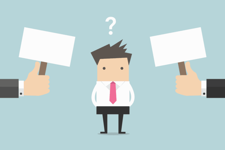 Cartoon man in business attire stands between two hands holding blank signs, with a question mark above his head, suggesting indecision or choice.