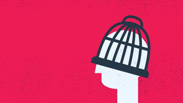 Illustration of a person’s head with an open birdcage covering it, set against a solid red background.