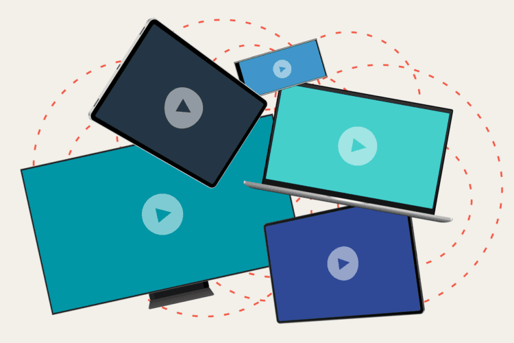 Illustration of various digital devices, including a TV, laptop, tablet, and smartphones, each displaying a play button on their screens.