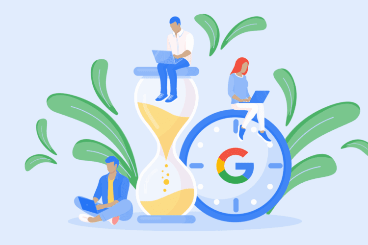 Three people using laptops sit on and around an hourglass and a clock with a Google logo, with green leaves in the background.
