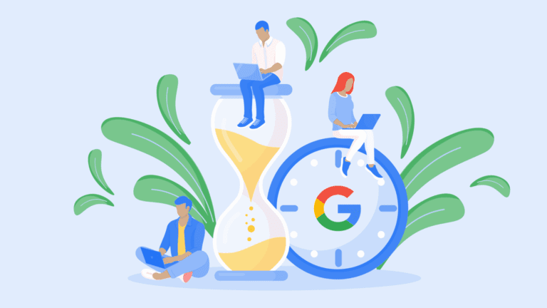Three people using laptops sit on and around an hourglass and a clock with a Google logo, with green leaves in the background.