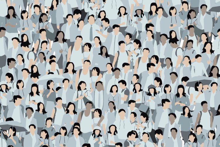 Illustration of a large, diverse crowd of people standing closely together, facing forward, with some holding umbrellas and others using mobile devices.