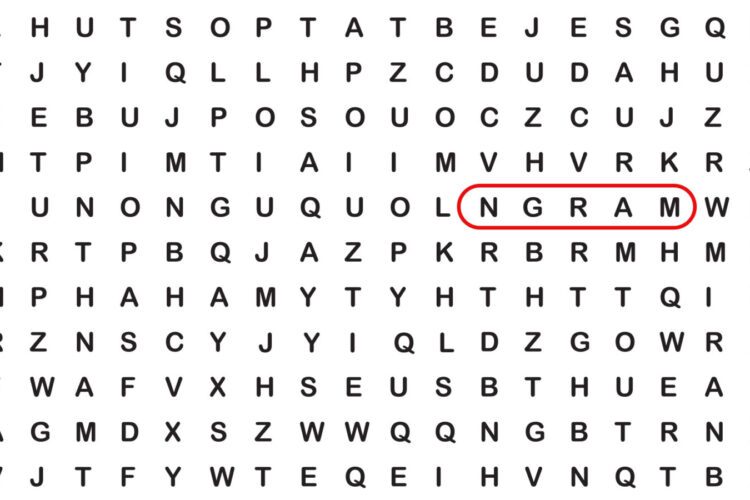 A word search puzzle with the letters "NGRAM" highlighted in a red oval near the center-right.