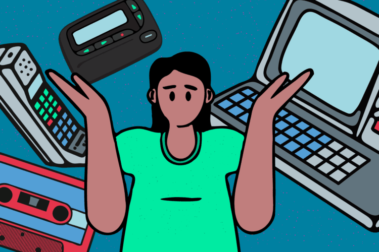 An illustration of a person shrugging surrounded by retro technology, including a pager, cassette tape, vintage computer, and walkie-talkie.