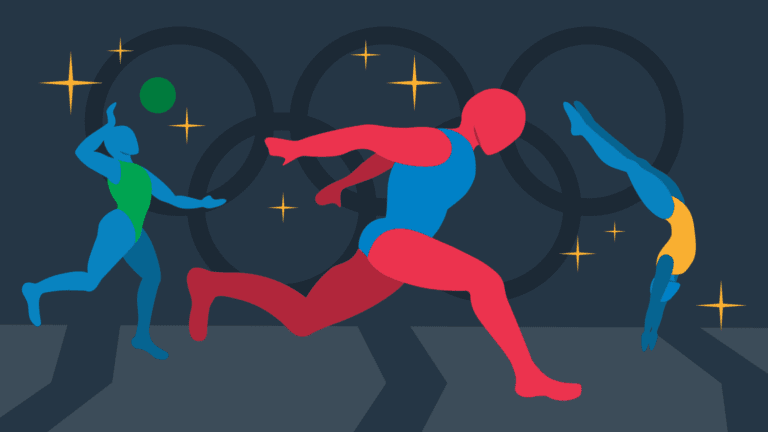 Illustration of three abstract athletes performing gymnastics, running, and diving in front of Olympic rings and stars on a dark background.