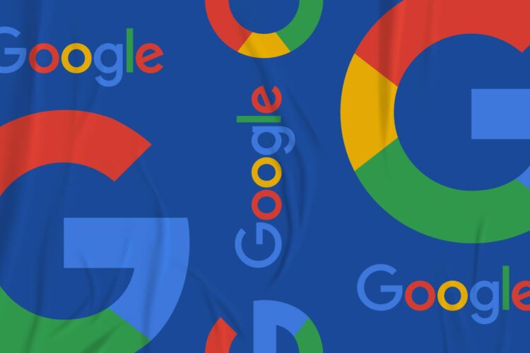 Blue background featuring multiple Google logos and the word “Google” in various sizes and orientations, using the company’s signature red, yellow, green, and blue colors.