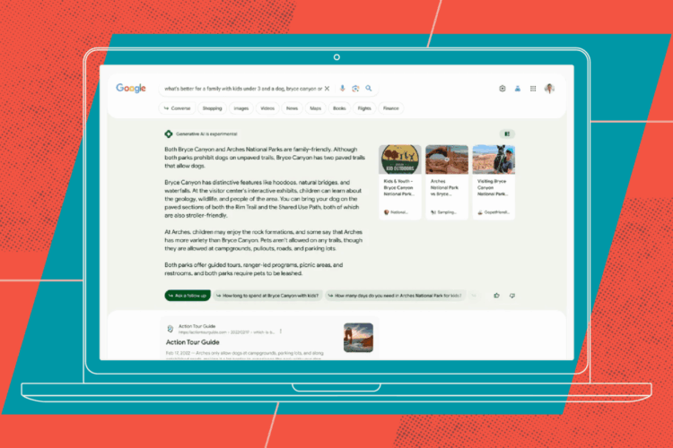 A laptop screen displaying a Google search result for “what’s there for family with toddlers around Zion for day tour only.”.
