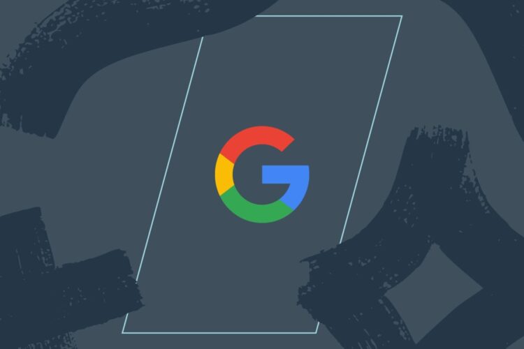 The Google logo, consisting of a multicolored "G," is centered on a dark background with abstract dark brushstroke patterns and a tilted rectangular outline.