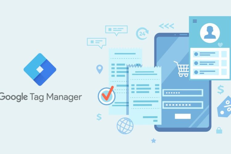 Google Tag Manager logo beside digital illustrations of receipts, a smartphone with shopping icons, and various online payment and analytics symbols.