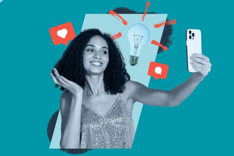 A woman taking a selfie with her smartphone, surrounded by social media icons and a lightbulb illustration on a blue background.