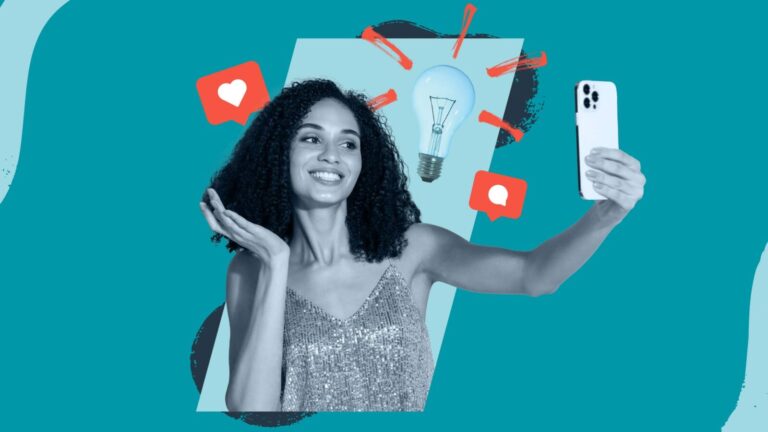 A woman taking a selfie with her smartphone, surrounded by social media icons and a lightbulb illustration on a blue background.