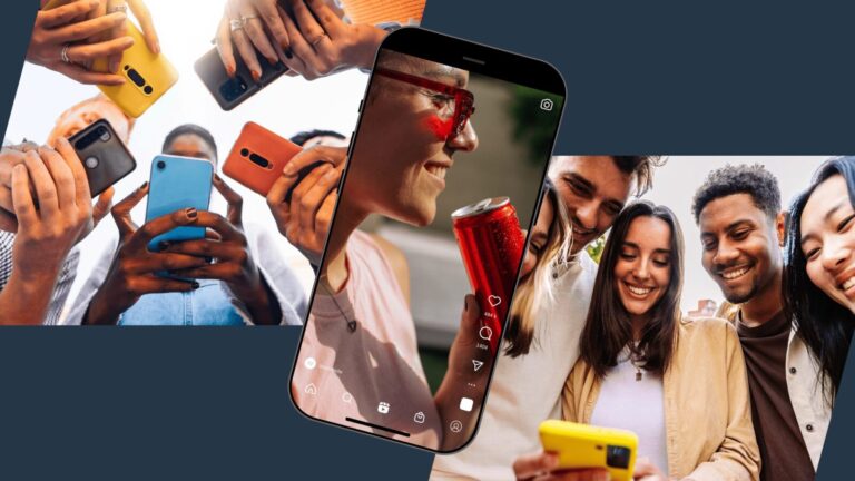 A group of people hold smartphones, while a phone in the center displays a photo of a smiling person with red glasses holding a can; another group looks at a yellow phone together.