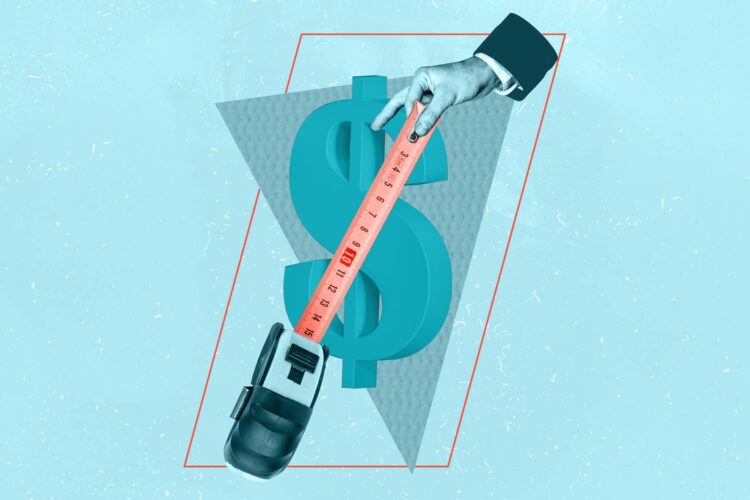 A hand holds a tape measure extended in front of a large dollar sign on a blue background with geometric shapes.