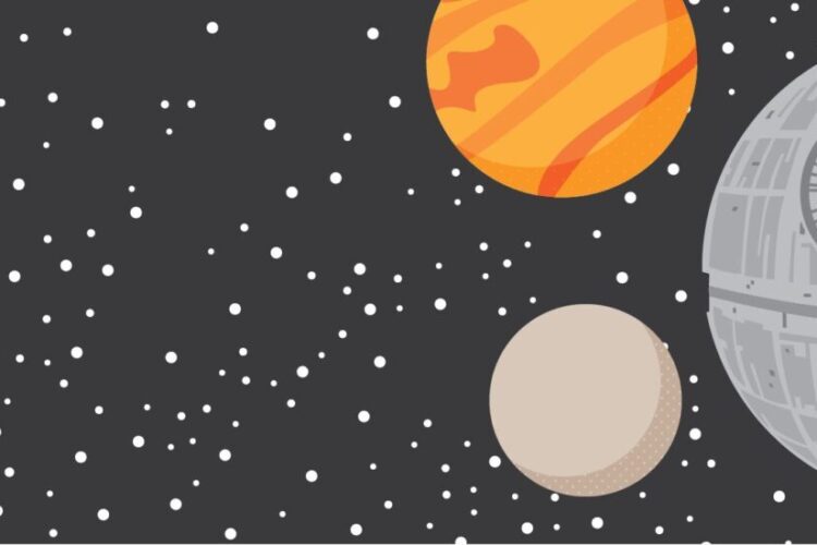 Illustration of outer space with a large gray space station, two planets—one orange and one beige—and white stars scattered on a dark background.