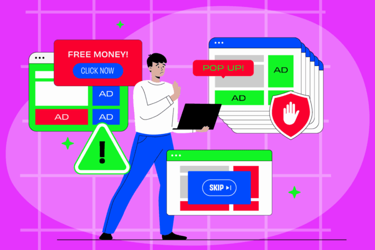 A person holding a laptop stands among various digital pop-up ads, security shields, warning icons, and website interface elements, all on a pink and purple background.