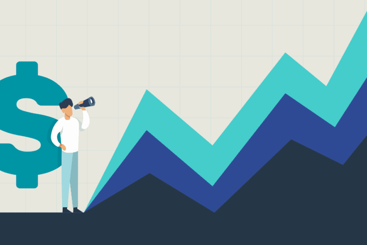 Illustration of a person with a megaphone standing next to a large dollar sign and an upward-trending line graph, representing financial growth or business success.