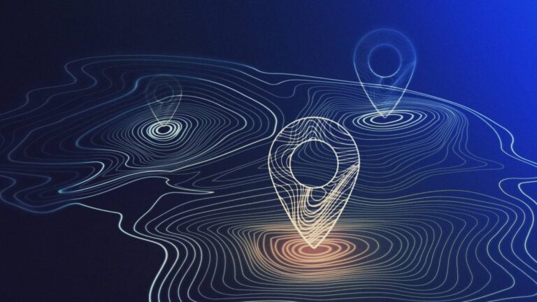 Abstract digital illustration of topographic contour lines with three map location pins glowing on a dark blue background.