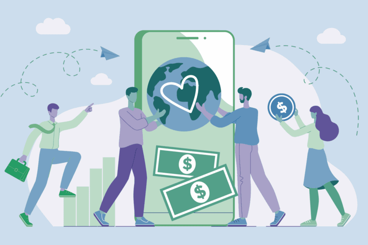 Illustration of four people around a large smartphone, holding symbols of money and a heart on a globe, with paper planes and dollar bills, representing mobile or digital donations.