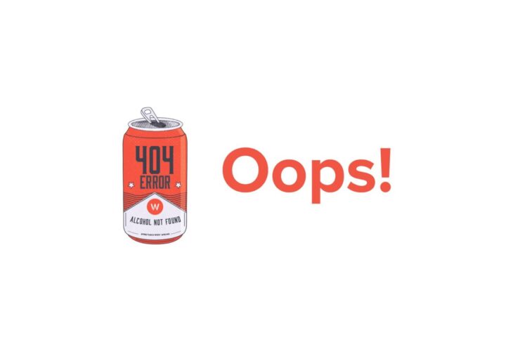 Illustration of a soda can labeled "404 Error, Alcohol Not Found" next to the word "Oops!" in large, bold, orange text on a white background.