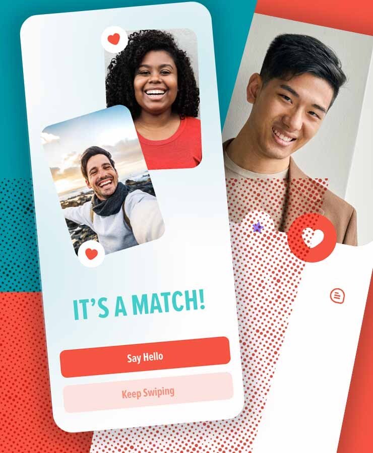 A dating app screen shows a "It's a match!" message with photos of a smiling man and woman, and another man smiling on a separate card in the background.