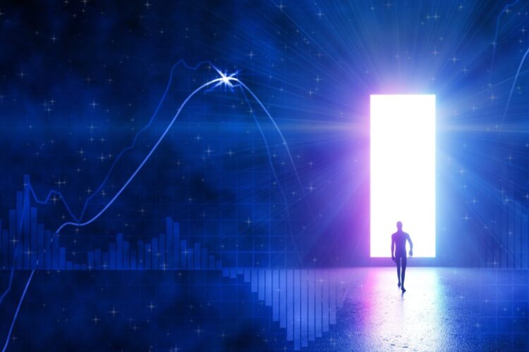 A silhouetted figure walks toward a large, glowing doorway surrounded by blue light, stars, and abstract graphs in a futuristic setting.