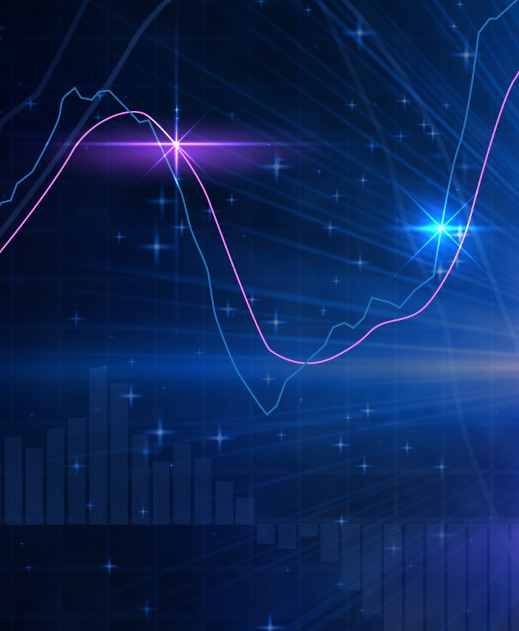 A digital graph with glowing points and lines showing data trends, set against a blue background with grid lines and abstract light effects.