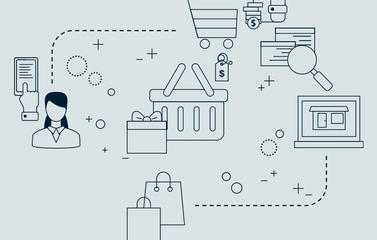 Line art illustration showing various online shopping elements, including a shopping basket, gift box, shopping bags, credit card, laptop, and a person.