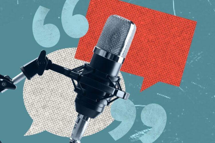 A studio microphone on a stand is in front of overlapping speech and quotation bubble graphics on a blue textured background.