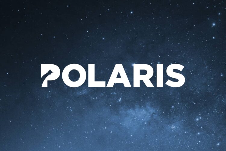 The word "POLARIS" in bold white capital letters on a starry night sky background; the letter "P" features an arrow pointing upward.