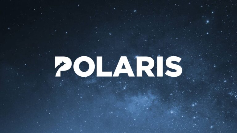 The word "POLARIS" in bold white capital letters on a starry night sky background; the letter "P" features an arrow pointing upward.