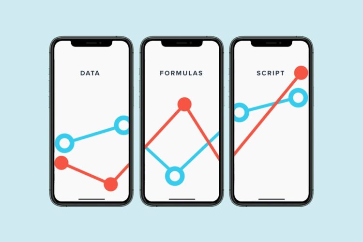 Three smartphones display line graphs labeled "Data", "Formulas", and "Script", each with intersecting blue and red lines against a white background.