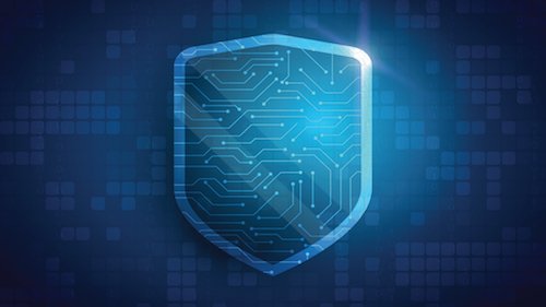 A blue digital shield with circuit patterns, symbolizing cybersecurity, is displayed against a dark blue background with abstract digital elements.