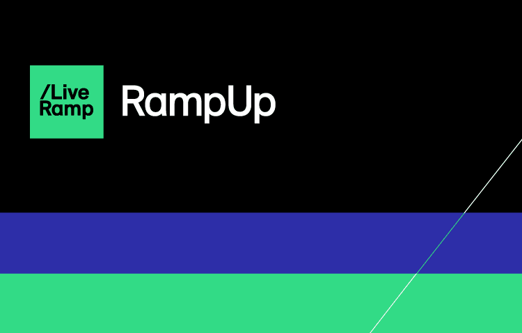 LiveRamp RampUp logo on a black background, with horizontal blue and green bands at the bottom and thin diagonal white lines on the right.