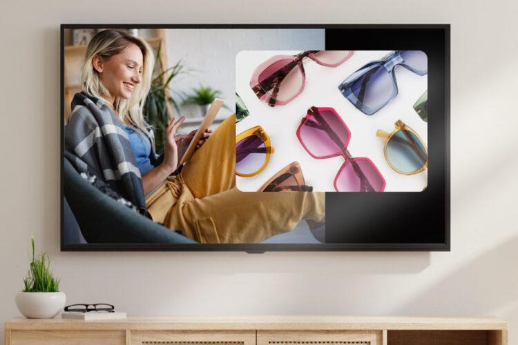A woman sits on a sofa using a tablet, displayed on a TV screen. An inset image shows various colorful sunglasses arranged on a flat surface.