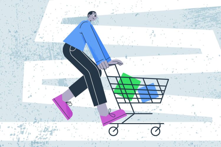 Illustration of a person pushing a shopping cart containing colorful geometric shapes, set against an abstract, textured background.