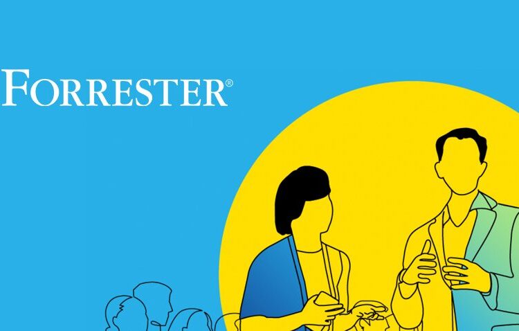 Illustration of two faceless people talking, with the Forrester logo on a blue background and a yellow circle behind the figures.