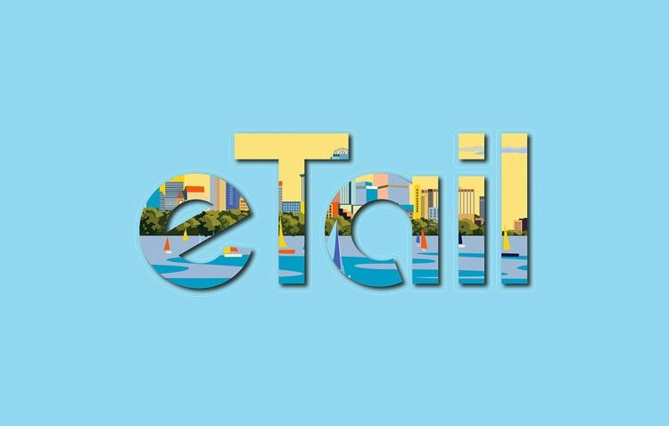 The word "eTail" is shown in large letters, filled with an illustration of a city skyline, water, boats, and trees against a light blue background.