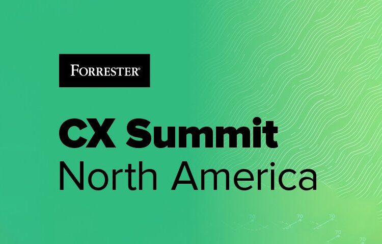 Forrester CX Summit North America event logo on a green background with subtle wavy lines.