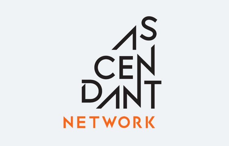 The image shows the words "ASCENDANT" arranged in a triangle shape above the word "NETWORK" in orange, all on a light gray background.