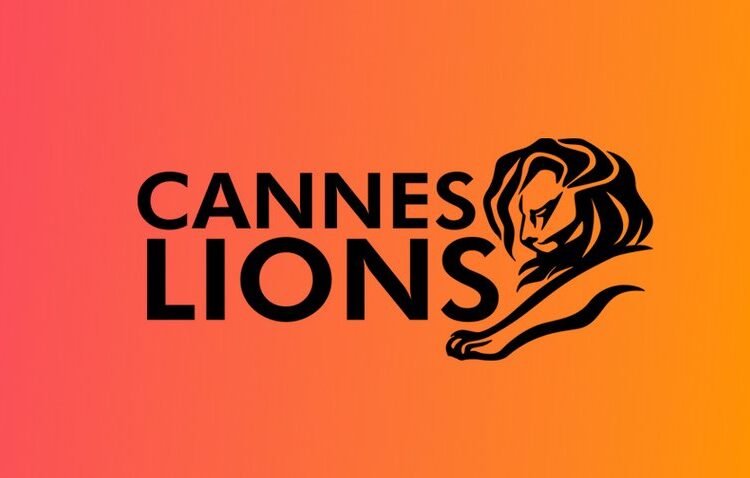 Cannes Lions logo with a stylized black lion illustration on a pink to orange gradient background.