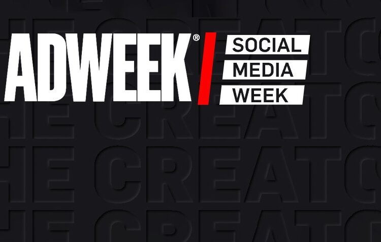 Adweek Social Media Week logo in bold white and red letters on a dark background with a subtle "THE CREAT" text pattern.