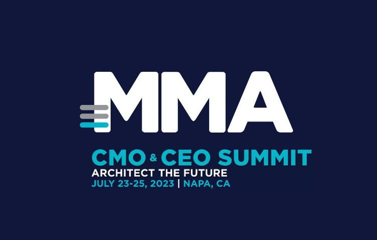 Logo for the MMA CMO & CEO Summit with the tagline "Architect the Future," scheduled for July 23-25, 2023, in Napa, CA, on a dark blue background.