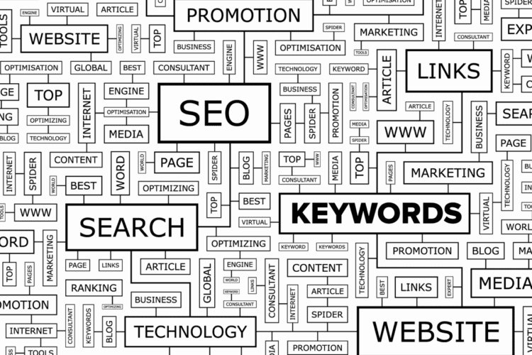 A black-and-white collage of SEO-related words and phrases, including "SEO," "KEYWORDS," "SEARCH," "WEBSITE," "PROMOTION," "LINKS," and others displayed in various sizes.